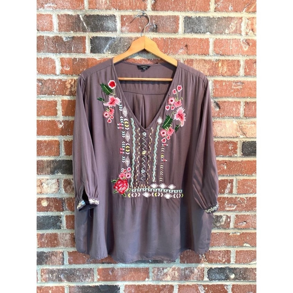 Floryday Shirt Sz XXL Gray Floral embroidery cottageCore‎ Boho